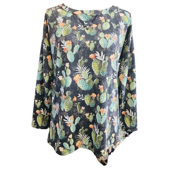 Lucky & Blessed Cactus Succulent 3/4 Sleeve Top Small - Picture 1 of 5